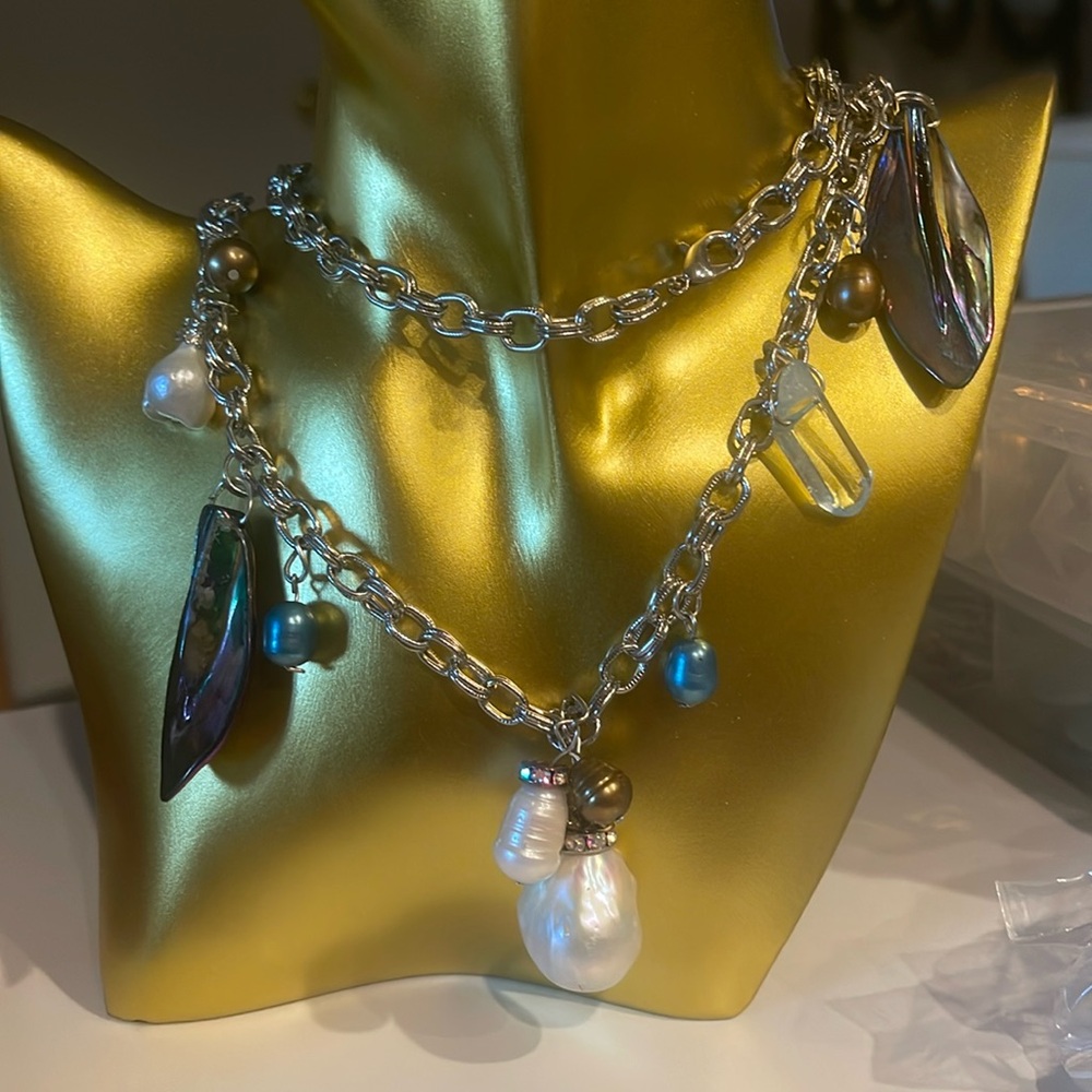 Pearls blue white, shells, crystals silver plated necklace 
Fia’s custom design